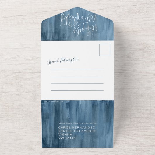 結婚式の後ずっと幸せに青い灰色の写真 オールインワン招待状 (外側)