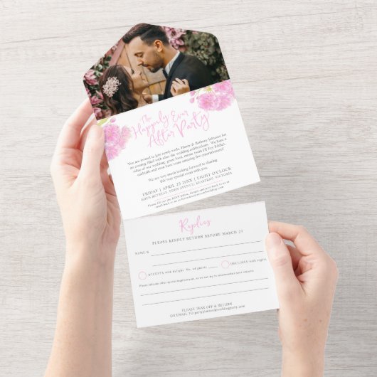結婚式の後の写真ピンクの春の花 オールインワン招待状 (貼ってはがせる)