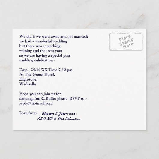 結婚式の後の受付パーティーの写真パーソナライズされた インビテーションポストカード (裏面)