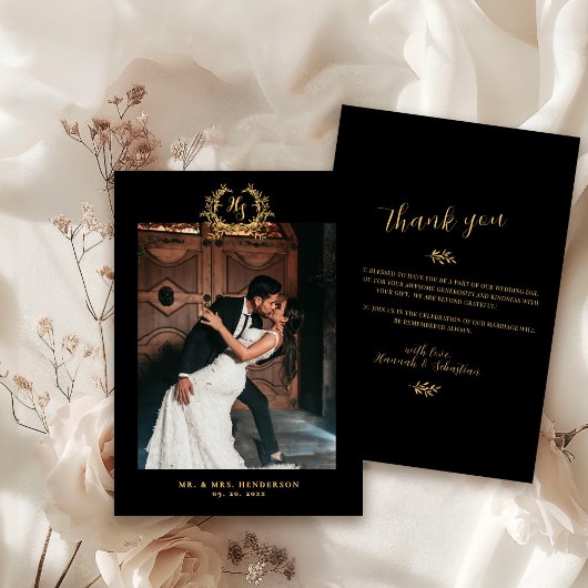 結婚式の御礼カード ボタニカル ブラックゴールド 写真入り サンキューカード