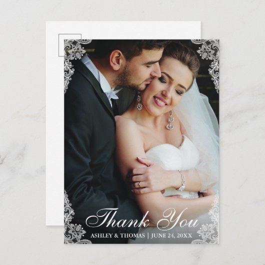 結婚式の感謝を伝えるレースの縁取りのカップル写真 ポストカード (正面/裏面)