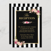 結婚式の披露宴　フラワーのゴールド ブラック ホワイト ストライプ エンクロージャーカード (正面/裏面)