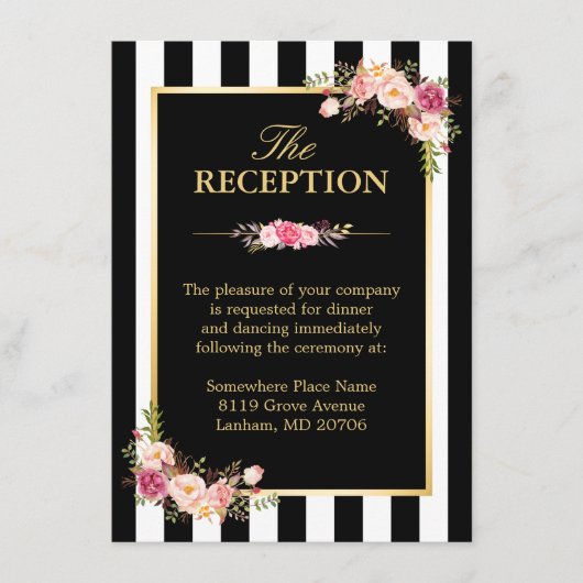 結婚式の披露宴 フローラル ゴールド ブラック ホワイト ストライプ エンクロージャーカード (正面)