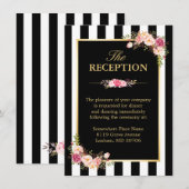 結婚式の披露宴 フローラル ゴールド ブラック ホワイト ストライプ エンクロージャーカード (正面/裏面)