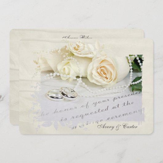 結婚式の招待で白いバラと指輪 招待状 (正面/裏面)