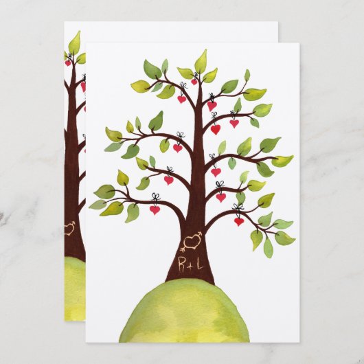 結婚式の招待を切り分ける水彩画愛ハートの木 招待状 (正面/裏面)