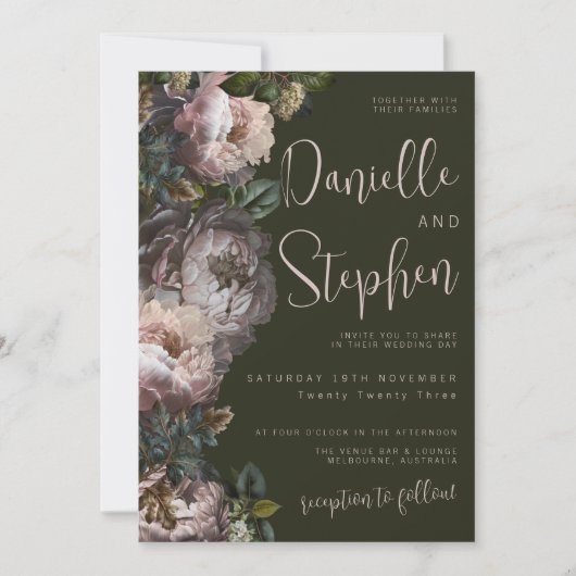 結婚式の招待テンプレート暗くてムーディーズ、フローラ 招待状 (正面)