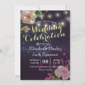 結婚式の招待フローラ文字列ライトパープルスパークル 招待状 (正面)