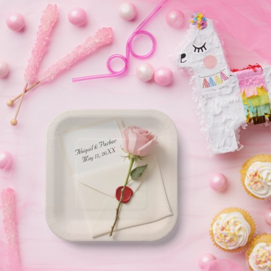 結婚式の招待状のピンクのバラとワックスシール ペーパープレート (パーティー)