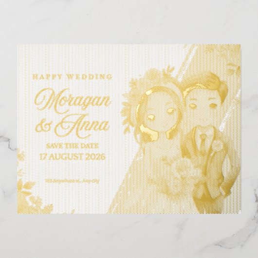 結婚式の招待状 – イラストの夫婦と花柄のセーブザデート 箔招待状ポストカード (正面)
