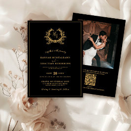 結婚式の招待状 ゴールド ブラック クレスト QR モノグラム 招待状