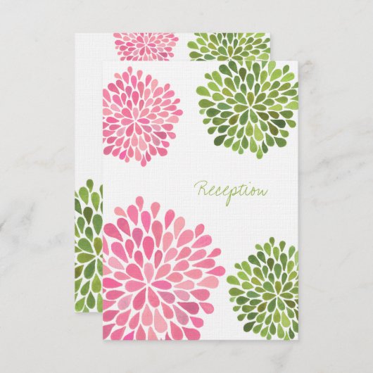 結婚式の招待状　ピンクとグリーンの花のデザイン エンクロージャーカード (正面/裏面)