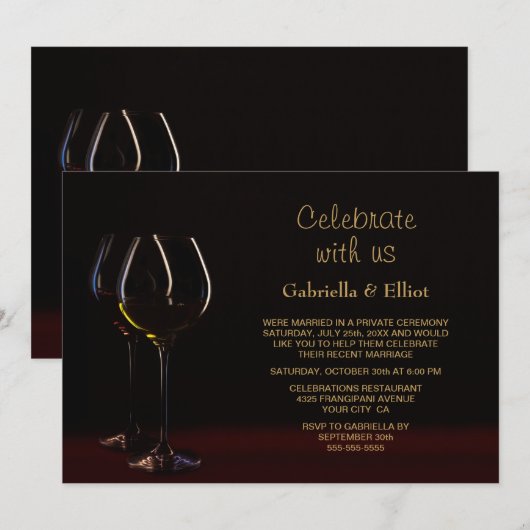結婚式の招待状 ブラック ゴールド ワイン グラス パーティ 招待状 (正面/裏面)