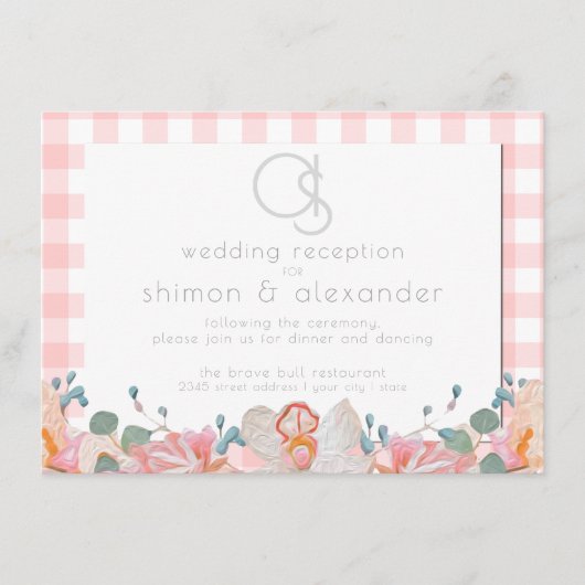 結婚式の招待状 | モノグラム コーラル ギンガム エンクロージャーカード (正面)