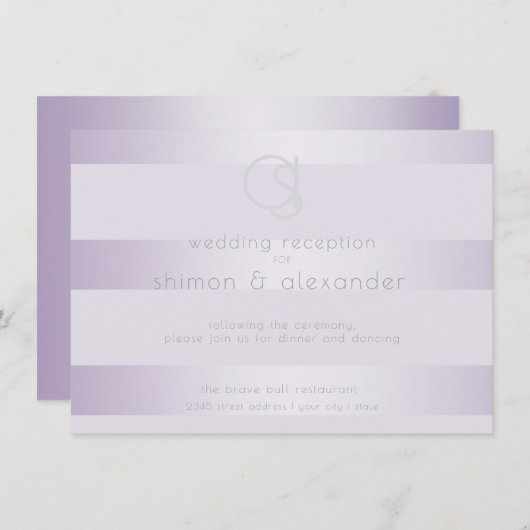 結婚式の招待状 | ライラック シャンパー ストライプ モノグラム エンクロージャーカード (正面/裏面)