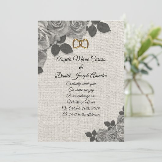 結婚式の招待状 リネンに黒と白のバラ 招待状 (スタンド正面)