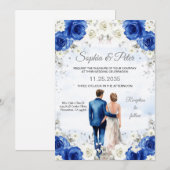 結婚式の招待状 ロイヤルブルーの花とバラ 招待状 (正面/裏面)