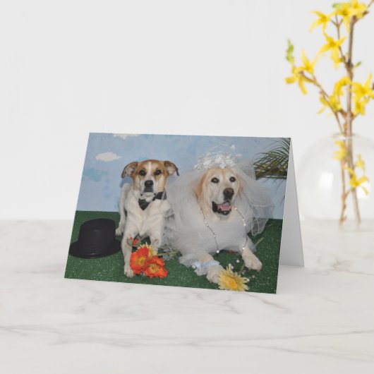 結婚式の招待状、婚礼の日の2匹の犬の写真 カード (黄色い花)