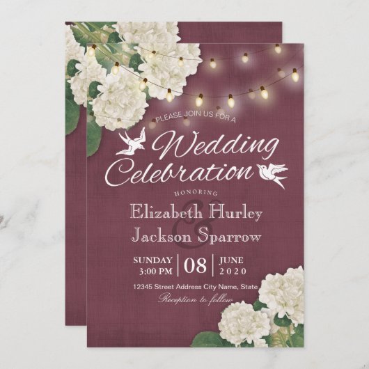 結婚式の招待状 白いアジサイのストリングライト 招待状 (正面/裏面)