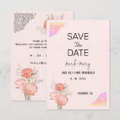 結婚式の招待状 花のピンクのハートの枠 出欠カード (正面/裏面)