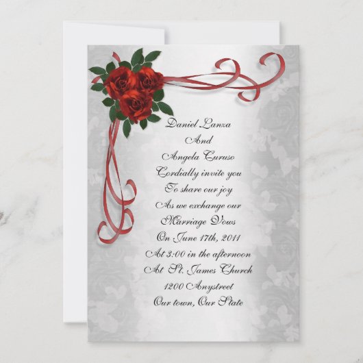 結婚式の招待状 赤いバラとリボン 招待状 (正面)
