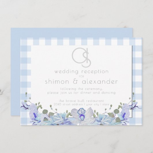 結婚式の招待状 | 青い格子縞のモノグラム エンクロージャーカード (正面/裏面)