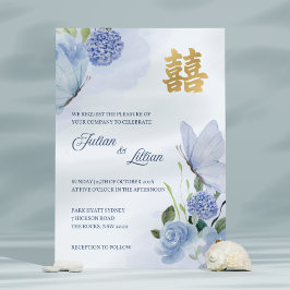 結婚式の招待状 青い蝶 ゴールド 招待状