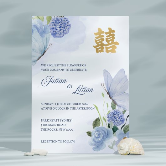 結婚式の招待状 青い蝶 ゴールド 招待状