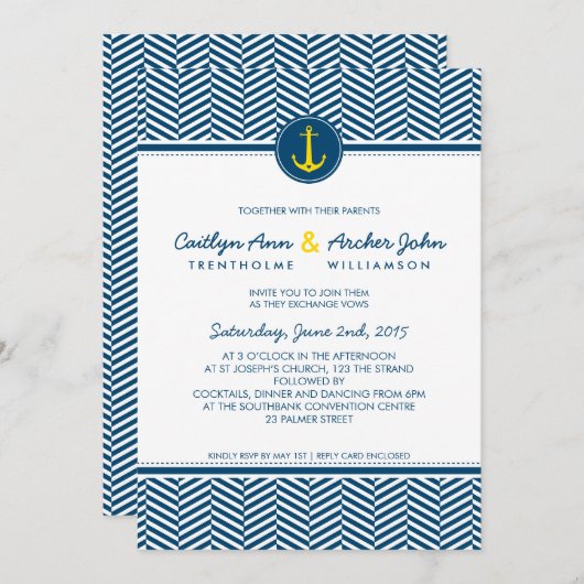 結婚式の招待航海のいかりハートネイビー黄 招待状 (正面/裏面)