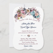 結婚式の招待 |ほこりっぽいブルーピンクフローラブーケ 招待状 (正面)