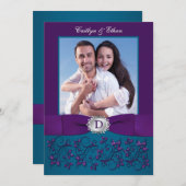 結婚式の招待 |ティール（緑がかった色）、紫フローラ |写真 招待状 (正面/裏面)