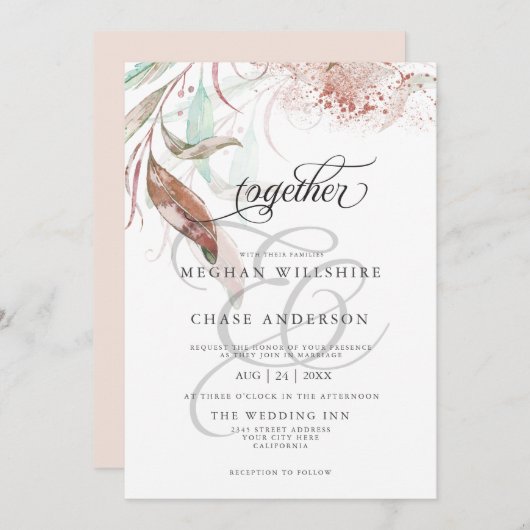結婚式の招待 | パステルウォーターカラーウィスピーな葉 招待状 (正面/裏面)
