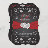 結婚式の招待 | ブラックレッドシルバー、フローラ、ハート 招待状 (正面/裏面)