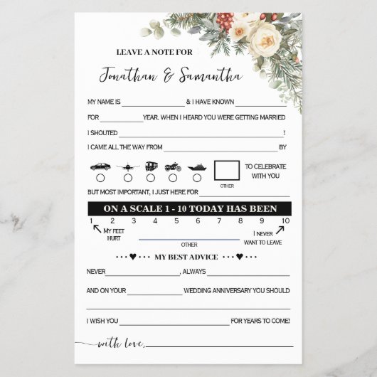 結婚式の新郎新婦へのアドバイスカード Winter Flowers Note チラシ (正面)