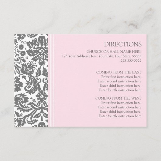 結婚式の方向はピンクの灰色のダマスク織を梳きます エンクロージャーカード (正面)