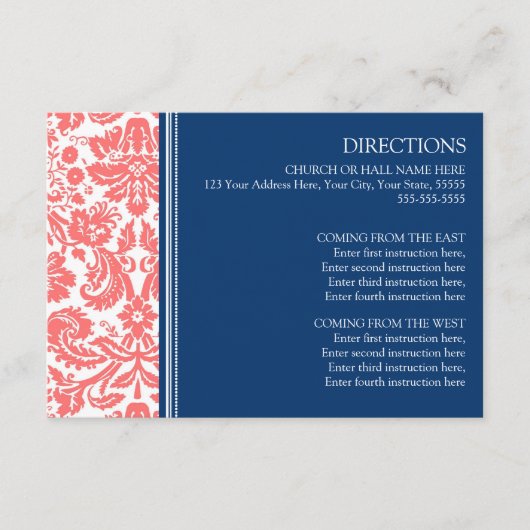 結婚式の方向は珊瑚の青いダマスク織を梳きます エンクロージャーカード (正面)