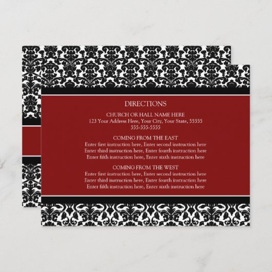 結婚式の方向は赤く黒いダマスク織を梳きます エンクロージャーカード (正面/裏面)