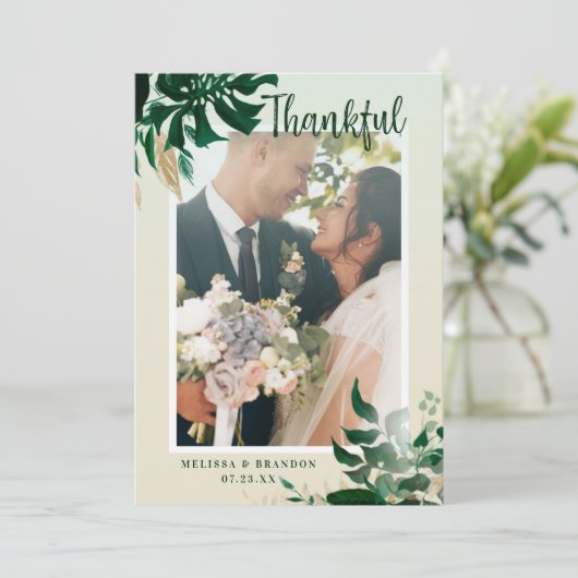 結婚式の日の写真トロピカル葉の写真 サンキューカード (スタンド正面)