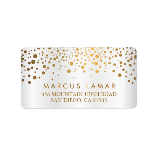 結婚式の日の金ゴールドドットとフェイクホワイトサテン ラベル (正面)