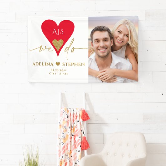 結婚式の日エレガントハートミニマル金ゴールド赤い写真 横断幕 (インサイチュ)