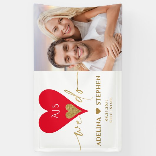 結婚式の日エレガントハートミニマル金ゴールド赤い写真 横断幕 (縦)
