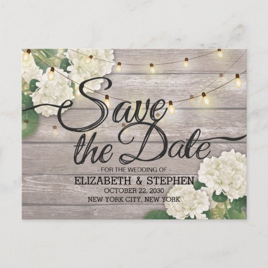 結婚式の日付あじさい文字列ライトウッドを保存 案内ポストカード (正面)