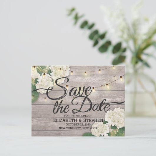 結婚式の日付あじさい文字列ライトウッドを保存 案内ポストカード (スタンド正面)