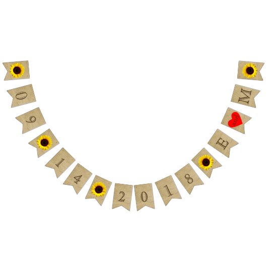 結婚式の日付のイニシャルのバーラップの一見およびヒマワリ バンティングフラッグ (全)