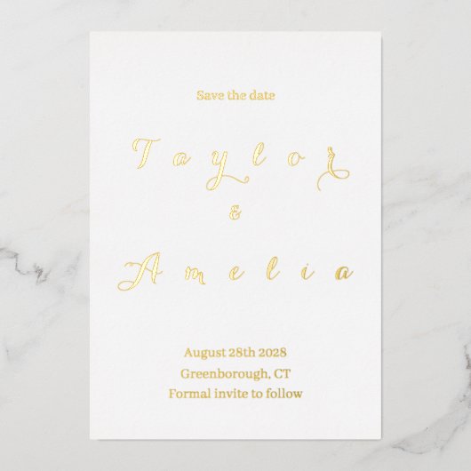 結婚式の日付の保ミニマル存実在金ゴールド 箔招待状 (正面)