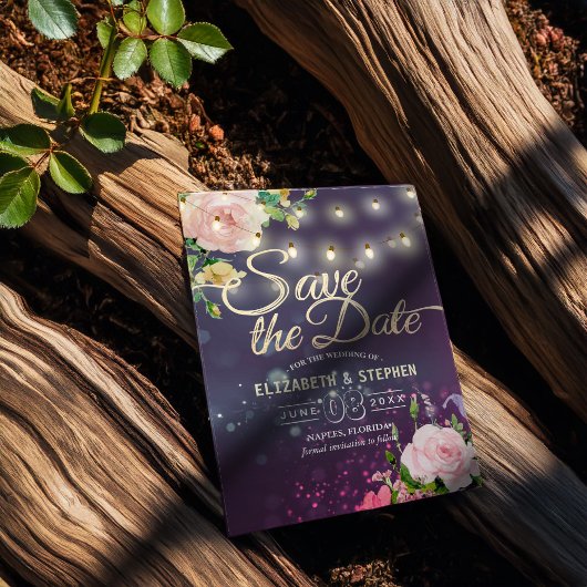 結婚式の日付の保存フローラ文字列ライトパープル セーブザデート