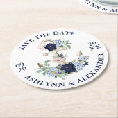 結婚式の日付の保存航海のいかりフローラ ラウンドペーパーコースター (アングル)
