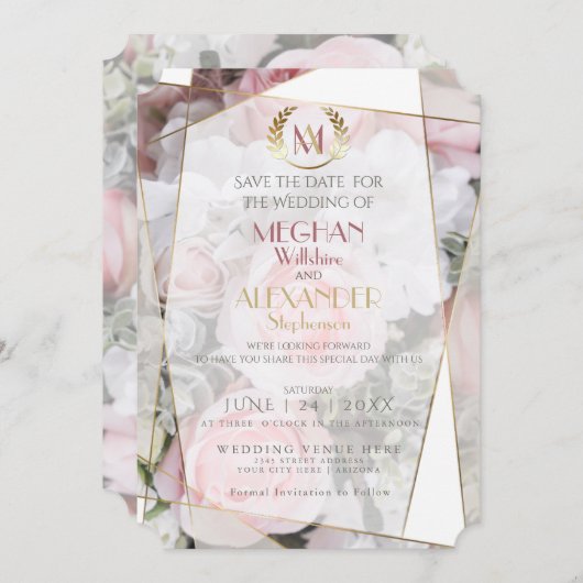 結婚式の日付の保存 |幾何学的モダンピンクロース セーブザデート (正面/裏面)