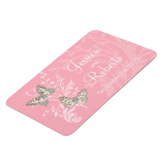 結婚式の日付の蝶ピンクの磁石を保存 マグネット (左側)