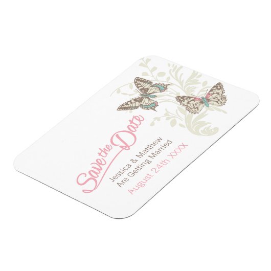 結婚式の日付の蝶ピンクの磁石を保存 マグネット (左側)